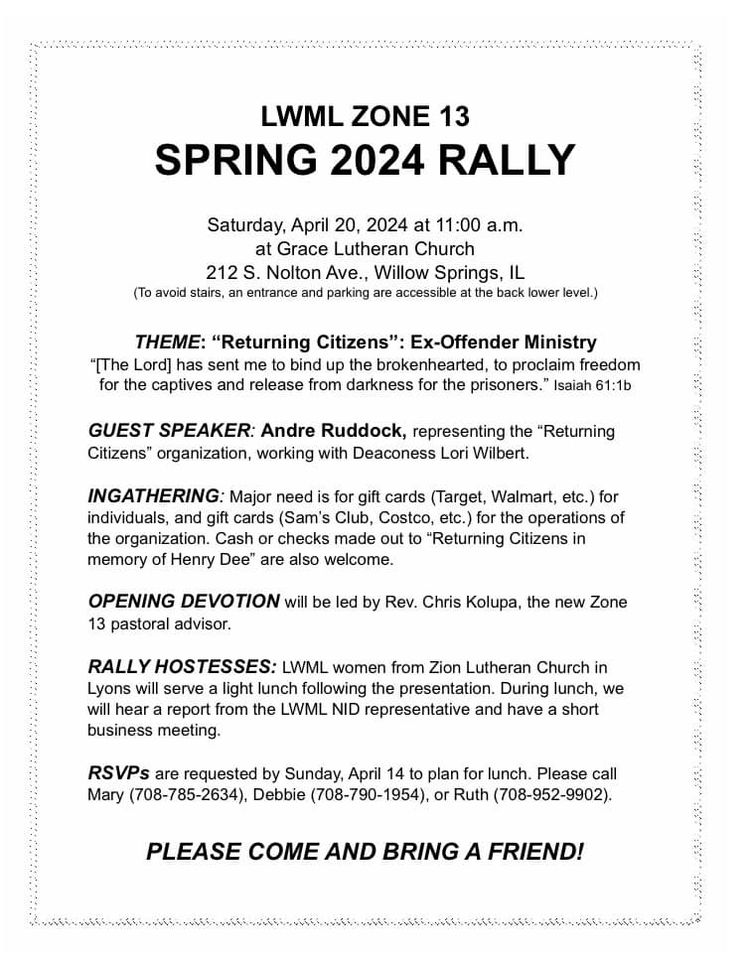 flyer with details about the Spring Rally in Willow Springs, Il on April 20, 2024.