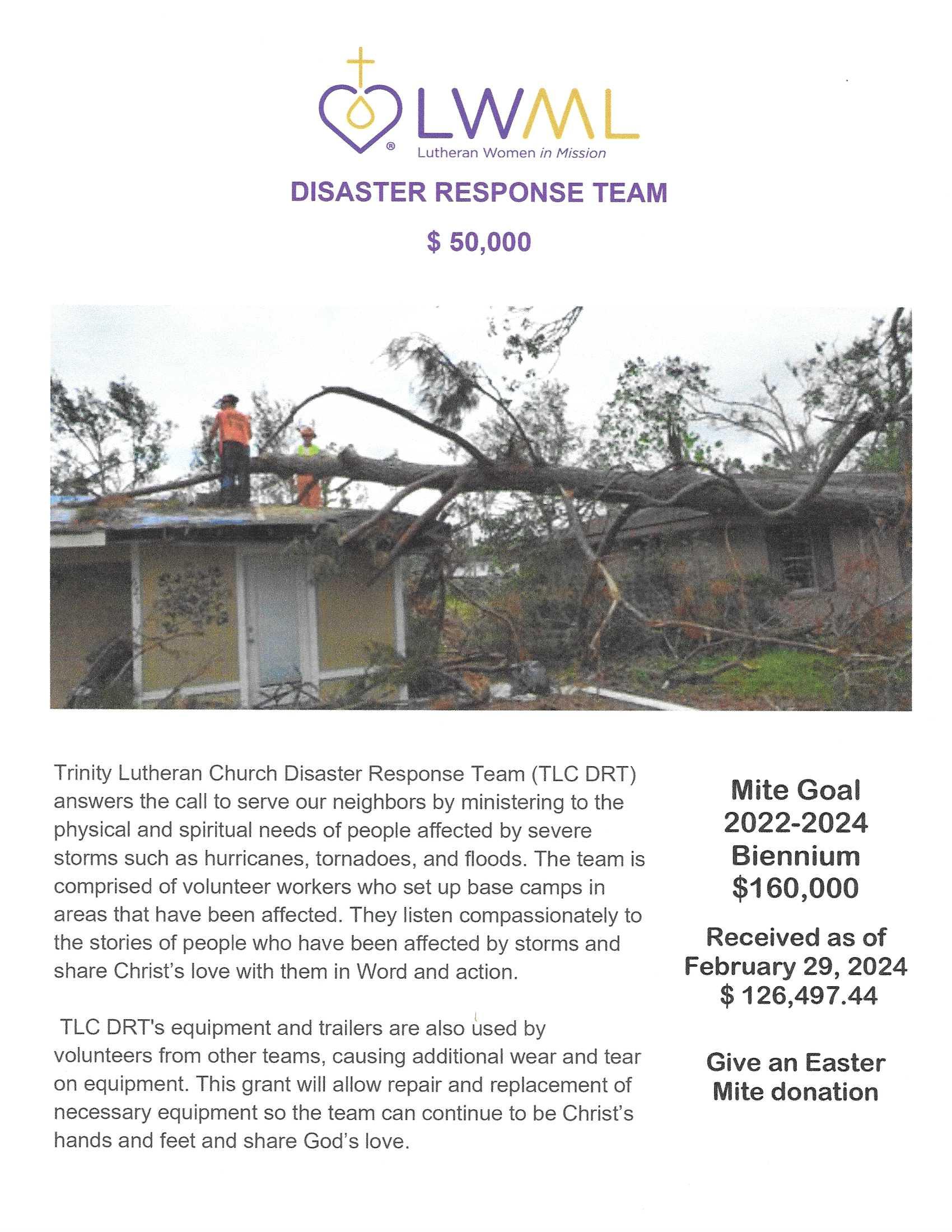 Poster with a photo of a tree that fell on a house. Also, 2 paragraphs about the mission grant.
