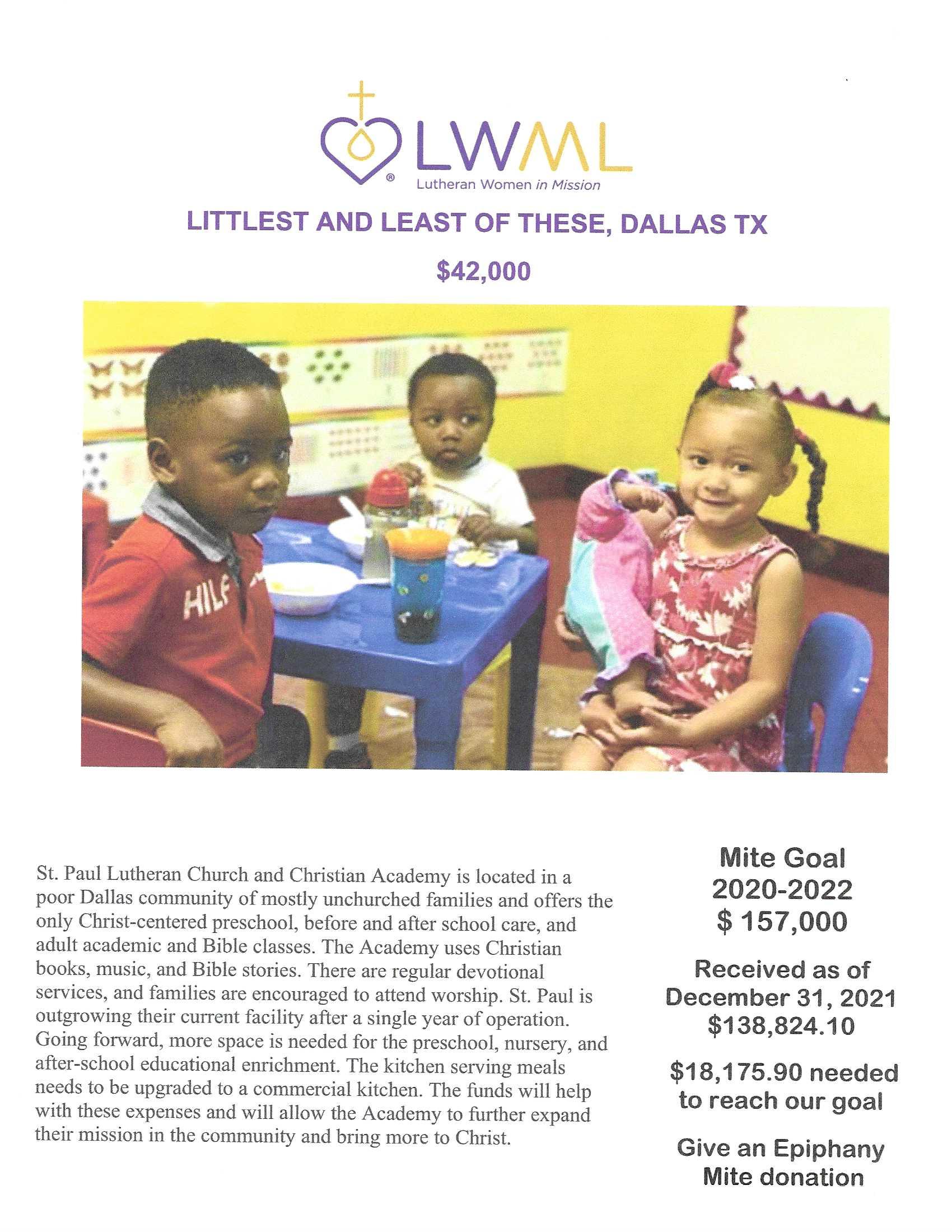 The mission grant poster about the St. Paul Lutheran Church and Christiam Academy in Dallas, TX.