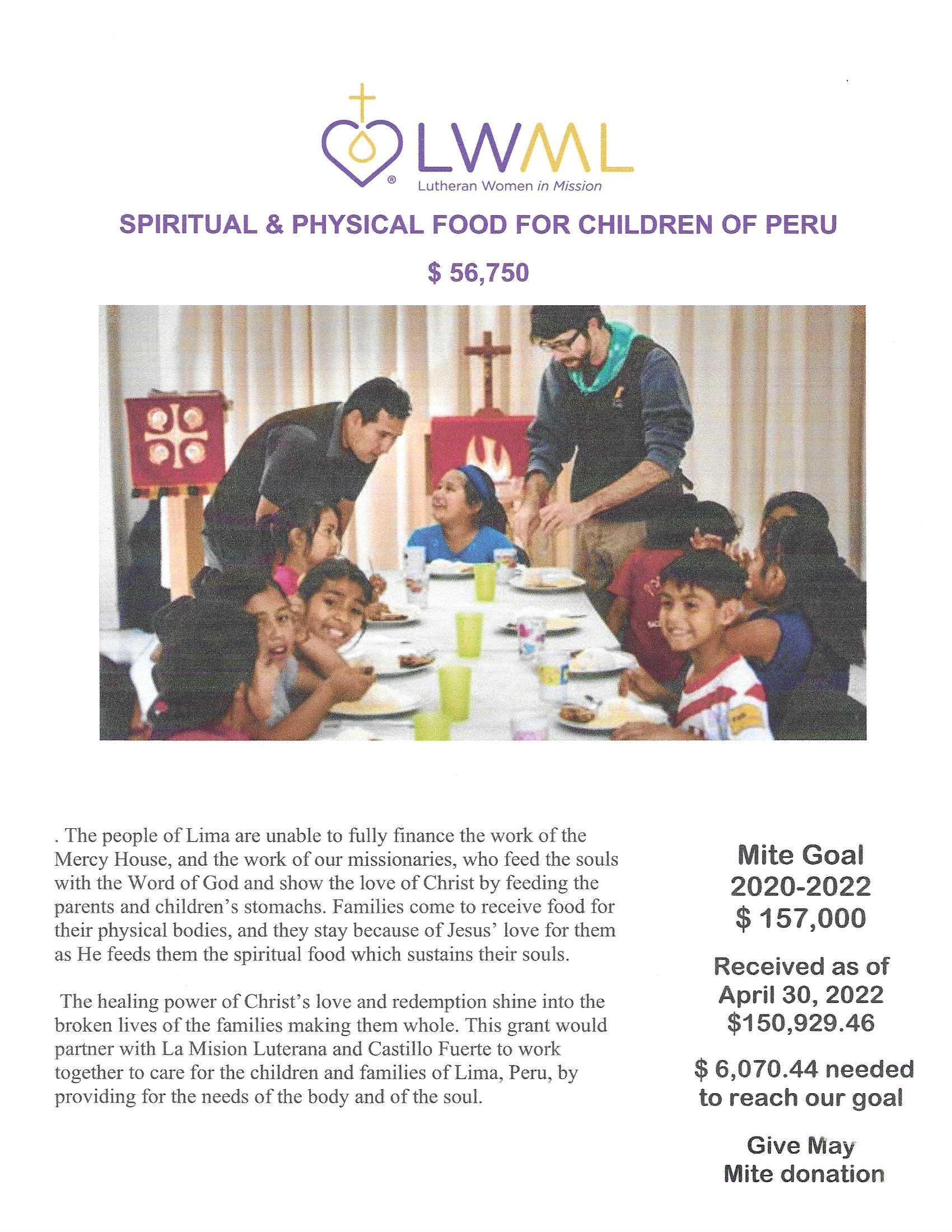 Spiritual & physical food for children of Peru $56,750 mission grant